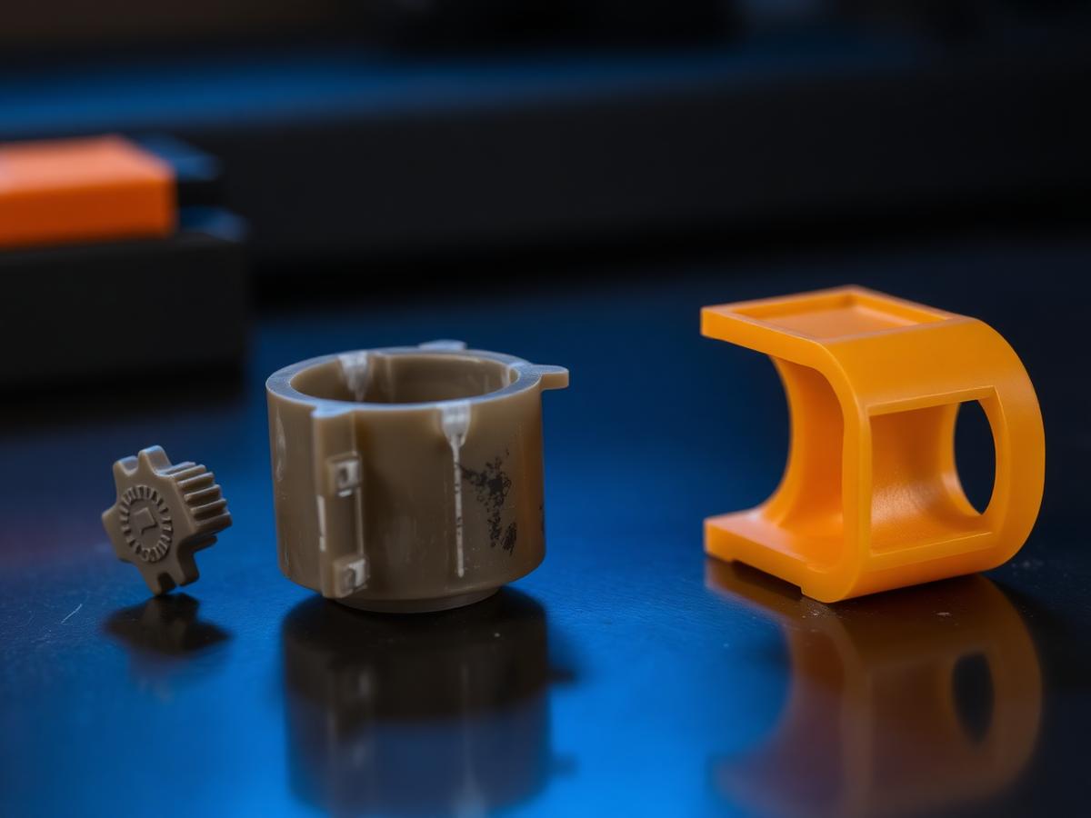 A broken plastic part beside its 3D printed replacement