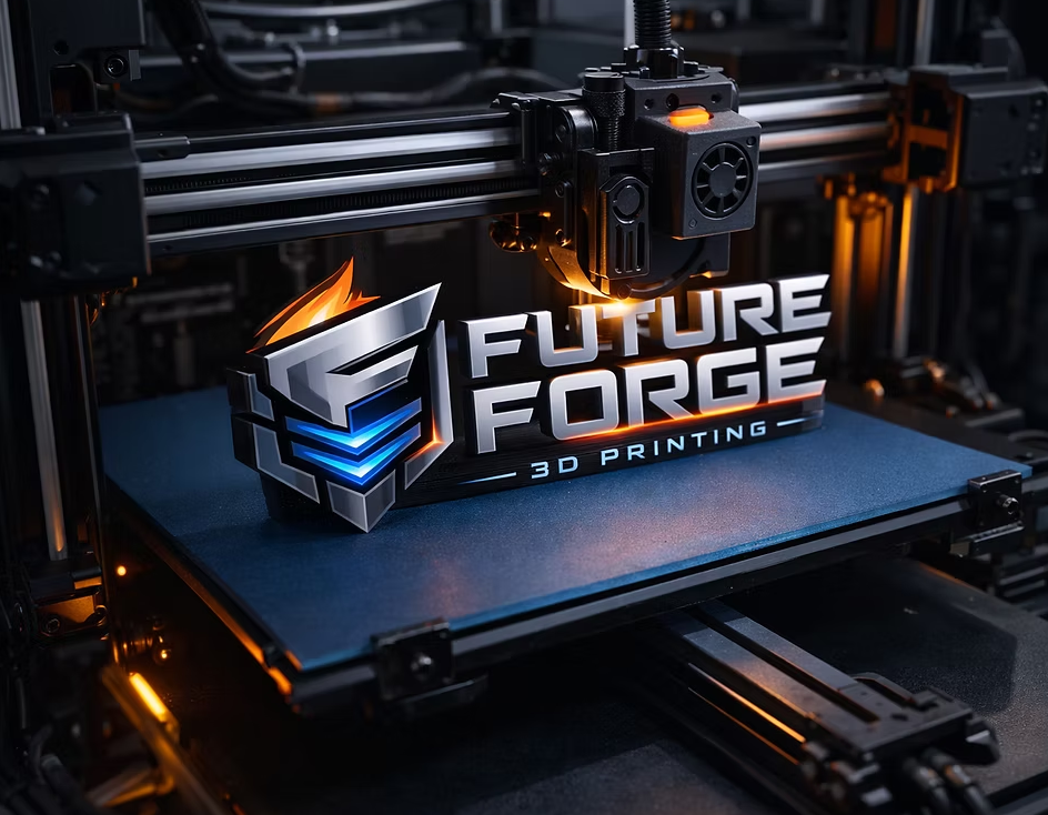 Future Forge 3D Printing logo displayed on a 3D printer build plate