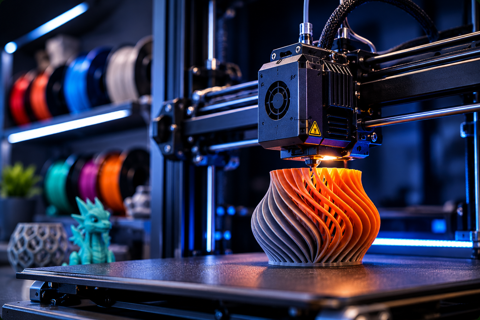 Close-up of a 3D printer producing a spiral vase in orange and grey filament