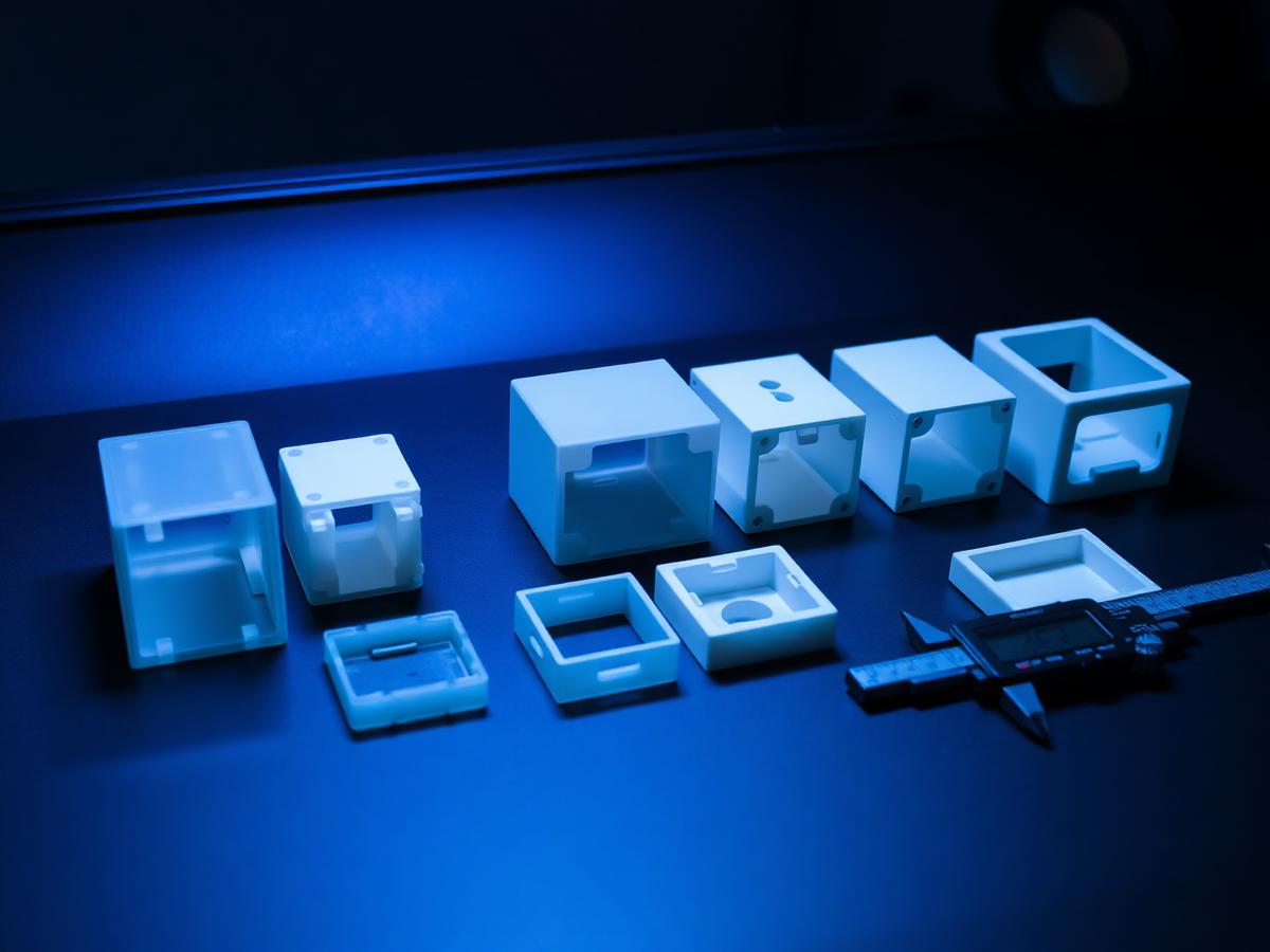 A series of 3D printed prototype enclosures